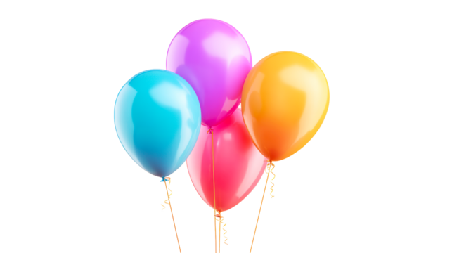 Cluster of colorful party balloons with ribbons