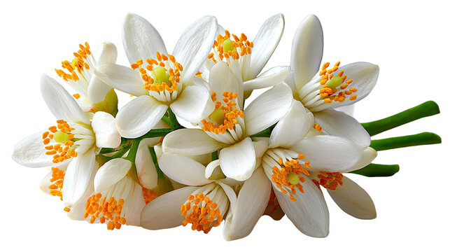 Orange Blossom close-up: A delicate cluster of orange blossoms, showcasing pristine white petals and vibrant orange stamens. Capturing the fresh and inviting fragrance