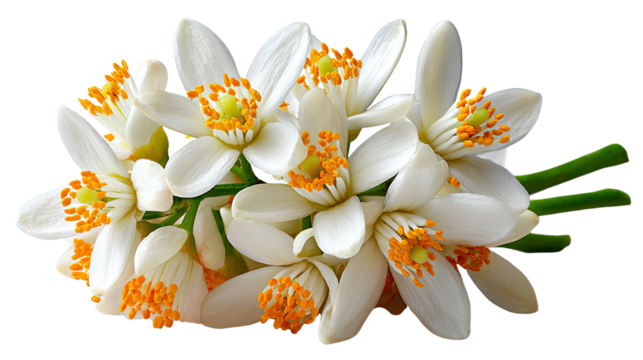 Orange Blossom close-up: A delicate cluster of orange blossoms, showcasing pristine white petals and vibrant orange stamens. Capturing the fresh and inviting fragrance