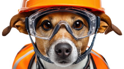 Safety First: A hardworking canine dons a construction worker's helmet and protective goggles, showcasing dedication to safety and work ethic.
