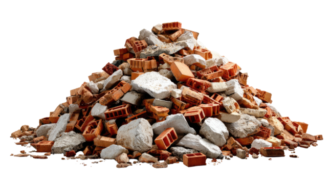 Pile of Debris: A chaotic heap of broken bricks and rubble, symbolizing destruction, demolition, or construction waste.