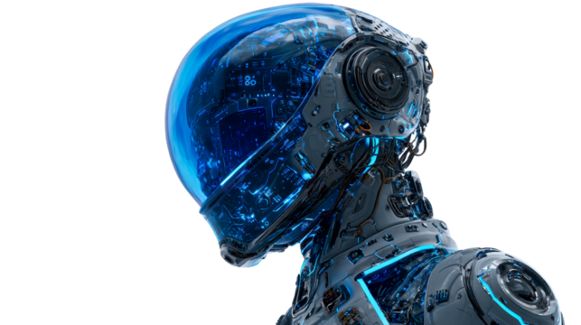 Futuristic robotic head with blue glowing circuitry and transparent helmet