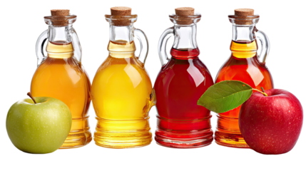 Bottled Essence of Nature's Bounty: An enticing quartet of glass bottles showcase the vibrant colors and flavors of nature's offerings, complemented by a pair of fresh, ripe apples