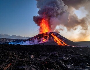 Erupting volcano spewing lava and smoke against a twilight sky