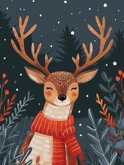 A charming deer with Christmas ornaments and a scarf, capturing the warmth and joy of the winter holiday season.