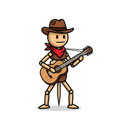 Wooden cowboy puppet playing guitar cartoon character of a cowboy musician with a guitar and a red bandana around his neck