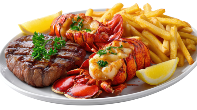 Culinary Extravaganza: A sumptuous feast of succulent lobster tail, grilled steak, and crispy fries, beautifully arranged on a plate with vibrant lemon accents.