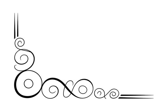 Ornate black corner flourish with geometric circles, spirals, and parallel lines on a white background