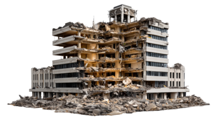 Ruined Structure: A skeletal building stands in ruins, its structure decimated. Dust and debris tell the story of destruction.
