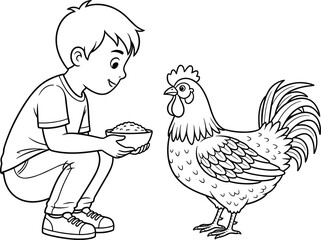Boy feeding a chicken with grain, cute farm scene line art, vector illustration for children's books, education, or rural life themes, perfect for coloring pages © Nahl
