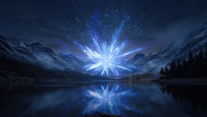 Nighttime lake scene; celestial, blue light burst reflected