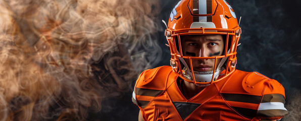 Intense football player in bright uniform standing amidst smoke