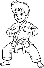 Cheerful cartoon boy in martial arts gi with white belt, smiling in ready stance, ideal for karate, taekwondo, or children’s fitness design projects, clean black and white line art
