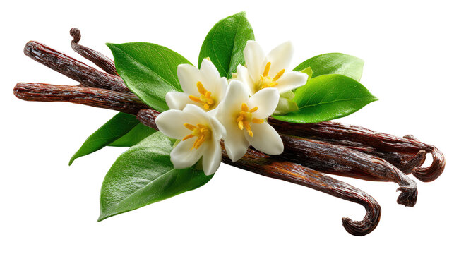 Vanilla Delights: A close-up shot of fragrant vanilla beans alongside delicate white flowers and lush green leaves, evoking a sense of culinary delight and natural beauty.
