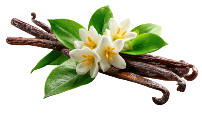 Vanilla Delights: A close-up shot of fragrant vanilla beans alongside delicate white flowers and lush green leaves, evoking a sense of culinary delight and natural beauty.