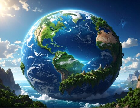 Large, lush Earth globe floats above water with blue sky and sunlight - Powered by Adobe