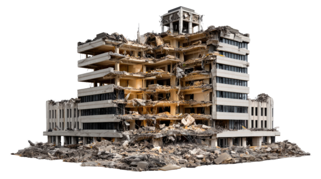 Ruined Structure: A skeletal building stands in ruins, its structure decimated. Dust and debris tell the story of destruction.