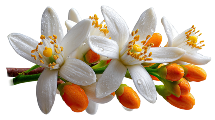 Delicate Blossoms: A close-up showcases the ethereal beauty of orange blossoms, with their pristine white petals, vibrant orange buds, and delicate structure, against a crisp, clean backdrop.