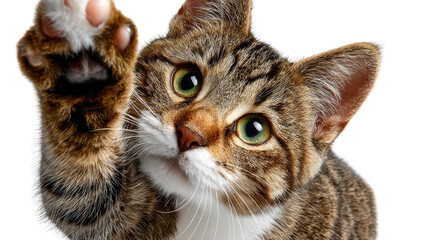 Playful Paw: A captivating close-up of a charming tabby cat, extending its paw in a gesture of friendliness or curiosity.