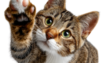 Playful Paw: A captivating close-up of a charming tabby cat, extending its paw in a gesture of friendliness or curiosity.