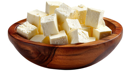 Creamy Paneer Cubes: A close-up showcases a wooden bowl brimming with fresh, delicately cubed paneer cheese, inviting culinary exploration and the joy of taste.