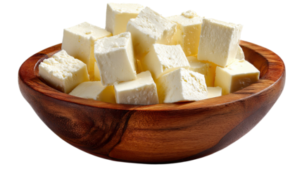 Creamy Paneer Cubes: A close-up showcases a wooden bowl brimming with fresh, delicately cubed paneer cheese, inviting culinary exploration and the joy of taste.