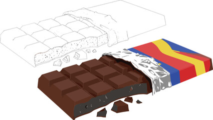 Colorful vector illustration of a broken chocolate bar with wrapper, shown in line art and colored versions, ideal for dessert, snack, or confectionery design themes.