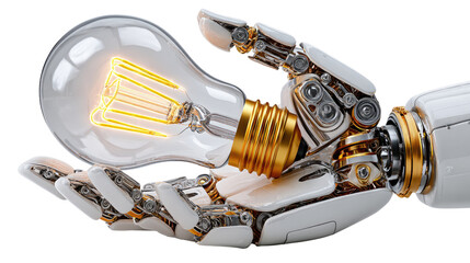 Illuminating Idea: A futuristic robotic hand cradles a glowing light bulb, symbolizing innovation and the spark of an idea in the realm of technology and invention.