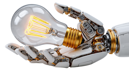 Illuminating Idea: A futuristic robotic hand cradles a glowing light bulb, symbolizing innovation and the spark of an idea in the realm of technology and invention.