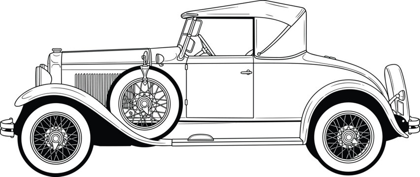 Classic vintage car line art illustration, retro automobile design, vector outline perfect for posters, logos, or automotive history themes, ideal for transportation and nostalgia content