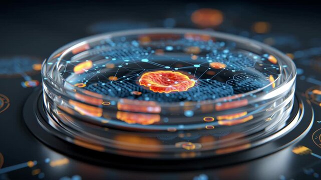 Macro shot single cell isolation chamber with analytical data hologram overlay, precision oncology methodology aesthetic, precision oncology lab