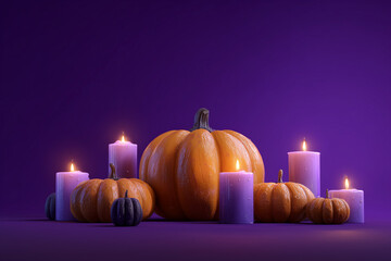 Festive Halloween pumpkins and candles glowing against a purple background scene