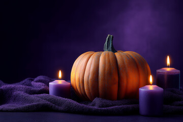 Festive Halloween pumpkins and candles glowing against a purple background scene