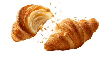 Cracked Croissant with Flaky Crumbs Levitating Mid Air