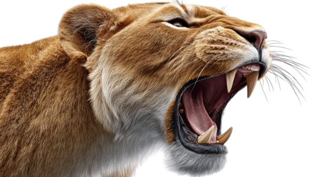 Lioness's Roar: A fierce lioness, with mouth wide open, showcases her powerful teeth and raw emotion