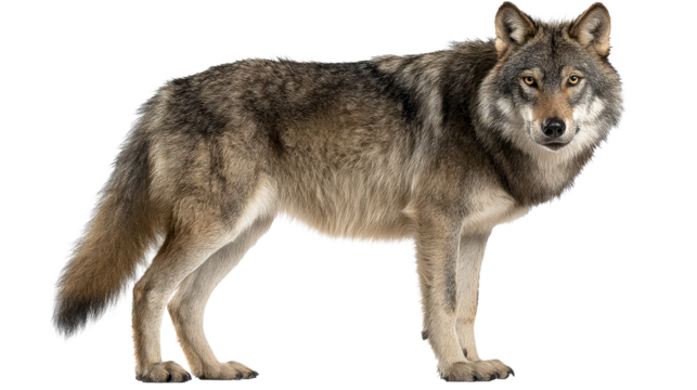 Wolf with thick fur standing on white background