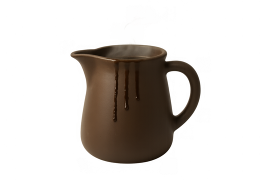 Brown earthenware jug with liquid dripping down its side, serving a drink, rustic ceramic kitchenware