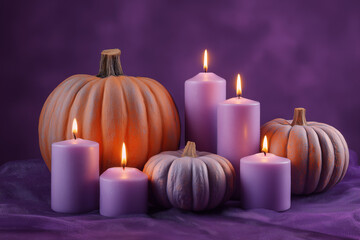 Festive Halloween pumpkins and candles glowing against a purple background scene