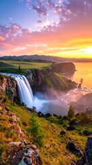 Cascading waterfall plunges from grassy cliffs, bathed in golden sunset light; scenic vista