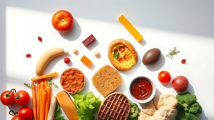 preservative. Overhead arrangement of unhealthy food items under stark clinical lighting with shadows. menu design, packaging mockups, designed for culinary blogs and recipe cards for restaurants.