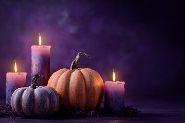 Festive Halloween pumpkins and candles glowing against a purple background scene