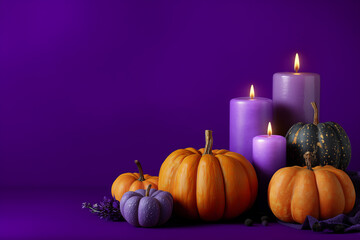Festive Halloween pumpkins and candles glowing against a purple background scene