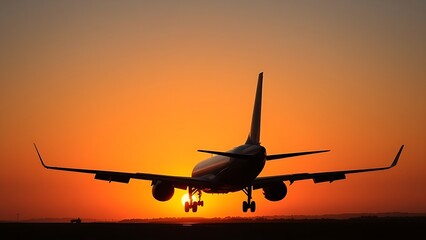 jetliner. Jetliner silhouette against a vibrant sunset sky, viewed from the tarmac with warm hues. inspiring travel planning, mobility guides, designed for mobility and urban transit guides.