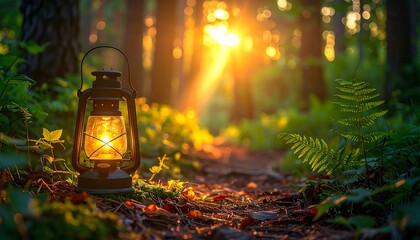 Illuminated path with lantern in a sunlit forest, surrounded by lush flora