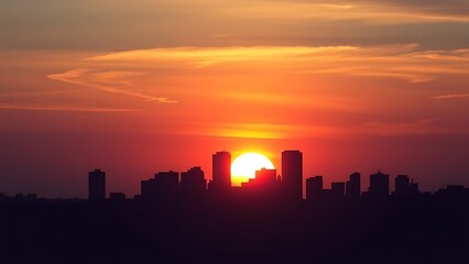 viewscape. Urban skyline at sunset, simplified architectural shapes against a colorful gradient sky. inspiring travel planning.