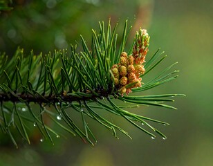 Close-up of pine branch with needles, buds, and water droplets