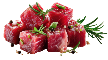 Tempting Cubes of Raw Meat: A mouthwatering display of fresh, raw meat cubes, perfectly seasoned and garnished with aromatic herbs and spices.