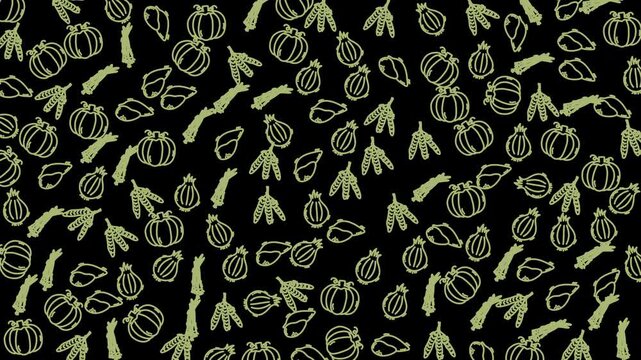 A vibrant animated seamless pattern featuring hand-drawn vegetables and herbs in green against a black background, perfect for culinary, organic, and natural-themed projects.