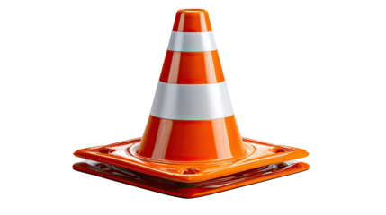 Traffic Cone on the Alert: An isolated and vibrant traffic cone stands ready, a symbol of road safety. Its bright orange and white stripes command attention, signaling caution and guidance.