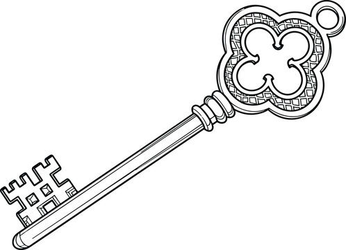 Ornate skeleton key vector illustration, vintage line art design, antique key outline, decorative lockpick sketch, coloring page style, isolated on white, security concept